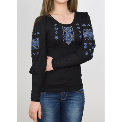 Embroidered t-shirt with long sleeves "Grace" blue on black